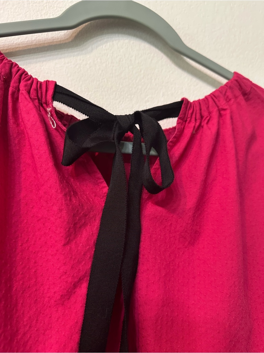 LOFT Pink Cotton Ruffle Blouse L Open Back Black Bow Tie Fuchsia Textured Top - Picture 8 of 11